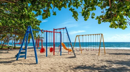 A colorful playground by the beach with swings and slides under a clear blue sky.
