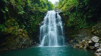 Isolated waterfall surrounded by nature, cascading down into a calm pool below