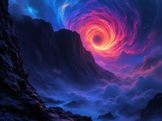 Panoramic night view: spinning steel wool on a cliff.