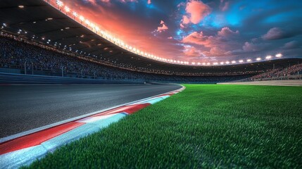 Illuminated Racing Track at Dusk with Spectators and Vibrant Atmosphere