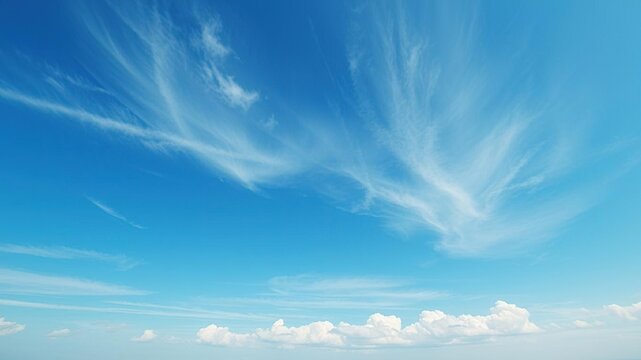 A vast blue sky with a few wispy cirrus clouds and some puffy white cumulus clouds in the distance, landscape, nature, vastness