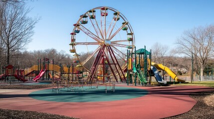A colorful playground featuring a ferris wheel and play structures in a park setting.