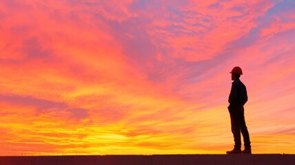 Fototapeta premium Silhouette of a worker enjoying a vibrant sunset view.