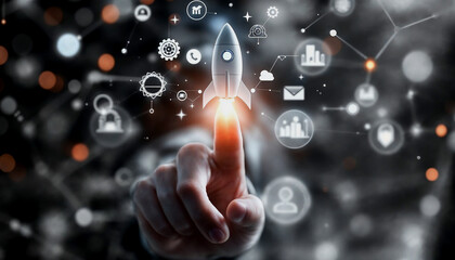 Hand finger touch with rocket ship blasting off with various business and technology icons surrounding it, representing growth, innovation, and digital transformation