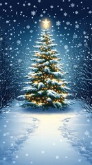 Enchanting snowy scene with a glowing Christmas tree and gentle snowfall at night