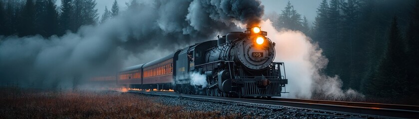 Fototapeta premium Vintage steam train traveling through a misty forest landscape.