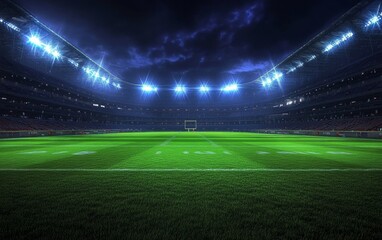 Illuminated Football Stadium with Green Grass Field and Empty Seats at Night for Sports Events Advertising
