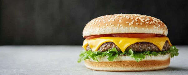 Delicious cheeseburger with lettuce, cheese, ketchup on a white isolated background.