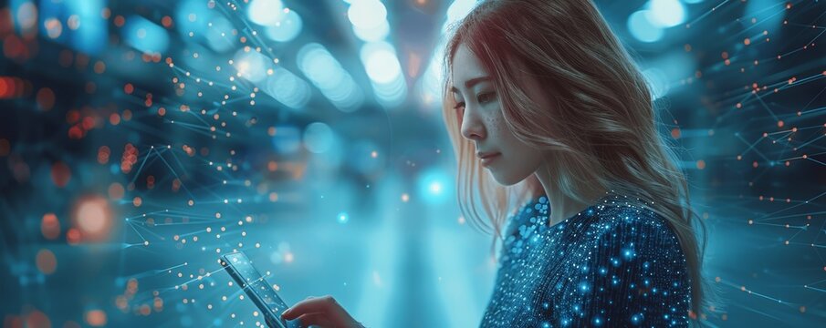 AI-powered business solutions with digital interfaces and global network connections