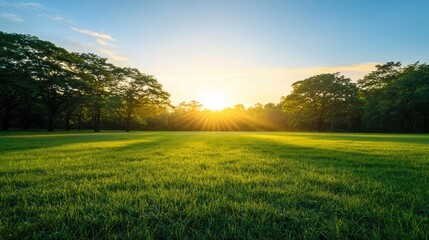 Serene landscape with sun rays shining over lush green grass and trees.