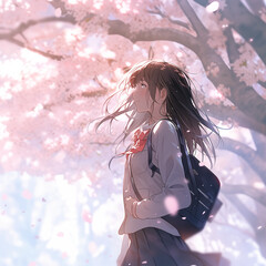 桜の木の下に立つ女学生