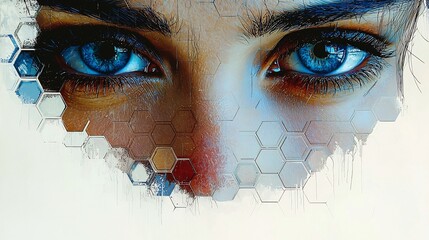 Futuristic Digital Portrait with Geometric Hexagon Patterns and Surreal Ethereal Elements