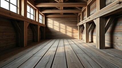 Distressed wood laminate flooring with worn wooden planks and exposed wooden beams in a rustic style background, wooden plank, wood grain pattern, distressed wood
