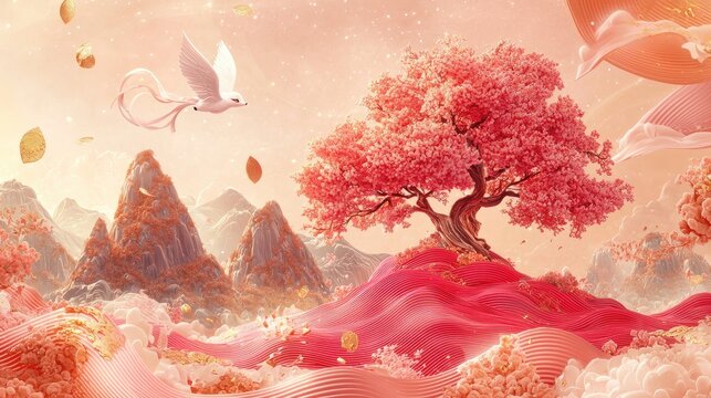 Chinese painting, a pink big tree. The background features mountains made of red jade material, golden ripples, light pink smoke effects