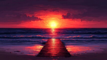 Breathtaking Sunset Over Peaceful Ocean with Wooden Jetty Reflecting the Vivid Sky