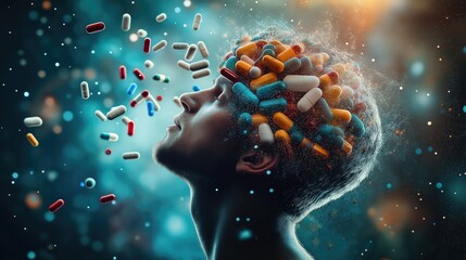 Man's Head with Pills Exiting Brain, Abstract Cosmic Background, Mental Health Medication Concept