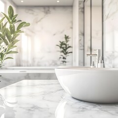 Fototapeta premium modern bathroom interior with white tones empty marble table top for product display with blurred bathroom interior background