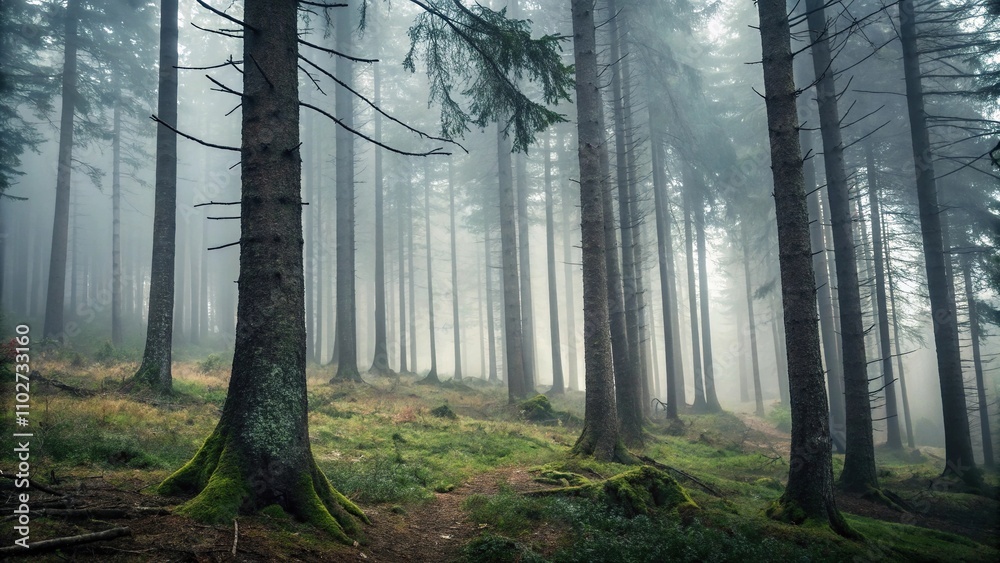 Wall mural fog swirling around the trunks of dark spruce trees in a dense forest, foggy environment, foggy fore
