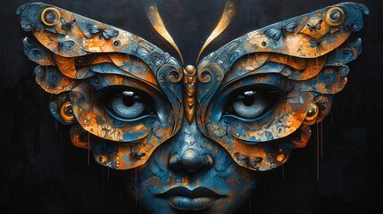Surreal Butterfly Faced Portrait with Dramatic Blue and Orange Tones Digital