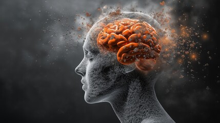 Emotional Depth Illustration: Human Head with Orange Brain, Particles Erupting, Despair Expression, Realistic Detail, Motion Blur, Dark Gray Background.