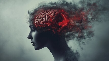 Hyper-Realistic Brain Damage Art Concept - Human Head Profile with Exploding Brain, Red and Black Details on Grey Background