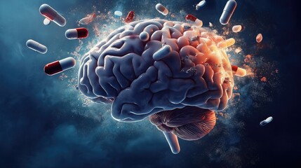  Medication Interaction with Human Brain Illustration, Dynamic Explosion and Liquid Flow