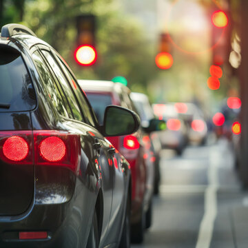red car in the day on traffic signal Traffic signals hanging at a busy intersection, with a detailed city background and cars waiting