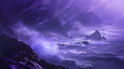 Fototapeta premium Purple Ocean Waves Crashing Against Rocky Cliffs