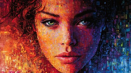 Captivating Enigmatic Female Facial Portrait in Vibrant Surreal Digital