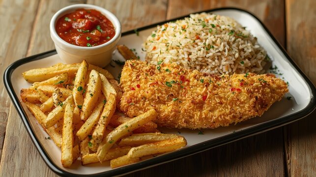 Create a food photography image that shows a simple but delicious meal. The dish consists of a golden crispy broaster chicken fillet, French fries 