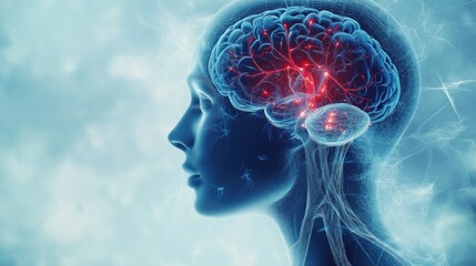 Illustration of Brain Tension Symptoms in Women: Profile View with Red Veins and Nervous System Cross-Section .Brain Damage. 