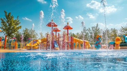 A vibrant water park featuring colorful slides and fountains under a sunny sky.