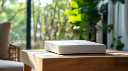 new white wi fi router on wooden table indoors