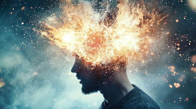 Mind blowing concept with a person&acirc;&euro;&trade;s head exploding into bright lights or creative visuals