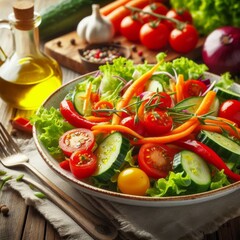 Fresh salad with bright vegetables on a wooden table, with a drop of olive oil.