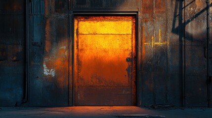 A weathered metal door illuminated by warm light, set against a rustic wall.