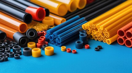 Colorful plastic tubes and connectors are arranged on a blue surface, showcasing a variety of shapes and sizes.
