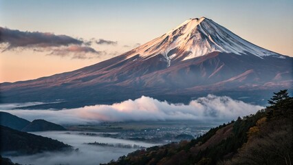 Gentle mist surrounding majestic Mount Fuji as it basks in warm evening light, mount fuji, scenic view, evening atmosphere, atmospheric effect