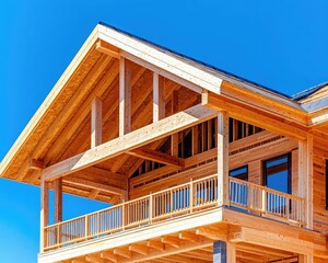 A modern wooden house with a spacious balcony and large windows, set against a clear blue sky, showcasing contemporary architectural design.
