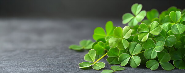 Green background with three-leaved shamrocks, Lucky Irish Four Leaf Clover in the Field for St. Patricks Day holiday symbol. with three-leaved shamrocks, St. Patrick's day holiday symbol.