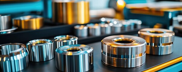 A collection of shiny, metallic precision parts displayed on a surface, showcasing various sizes and finishes.