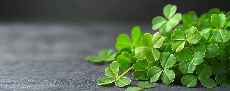 Green background with three-leaved shamrocks, Lucky Irish Four Leaf Clover in the Field for St. Patricks Day holiday symbol. with three-leaved shamrocks, St. Patrick's day holiday symbol.
