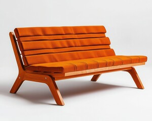 A stylish orange sofa with a modern wooden frame, featuring sleek lines and a minimalist design, perfect for contemporary interiors.