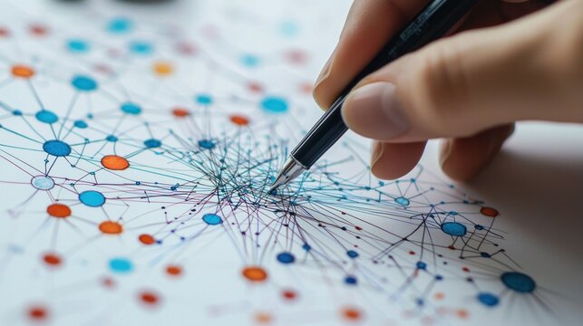 Mind mapping with a hand drawing a web of connected ideas and concepts on paper or digitally
