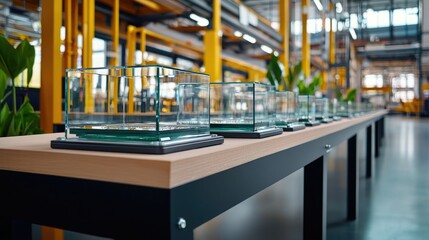 A modern industrial workspace featuring glass display cases on a table, surrounded by greenery, with a bright, well-lit environment.