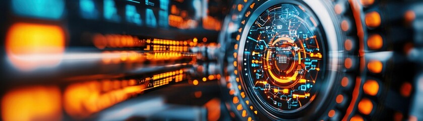 A futuristic, high-tech interface featuring glowing buttons and intricate designs, suggesting advanced technology and data visualization.