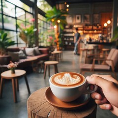 Coffee cup with latte art against the background of a cozy cafe.