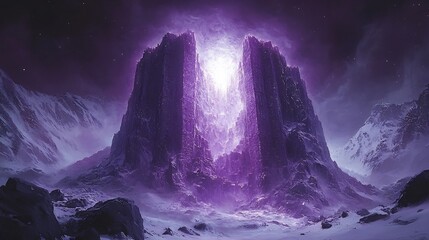 Dramatic Violet Storm Over Majestic Snowy Mountain Peaks in Mystical Landscape
