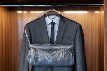 Grey suit in a dry cleaning bag on a hanger.