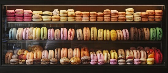An artistic display of French macarons, multiple pastel colors, high-end photography 
